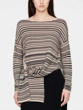 NEW Sarah Pacini Tan Striped Asymmetric Sweater Mako Cotton Sweater One Size